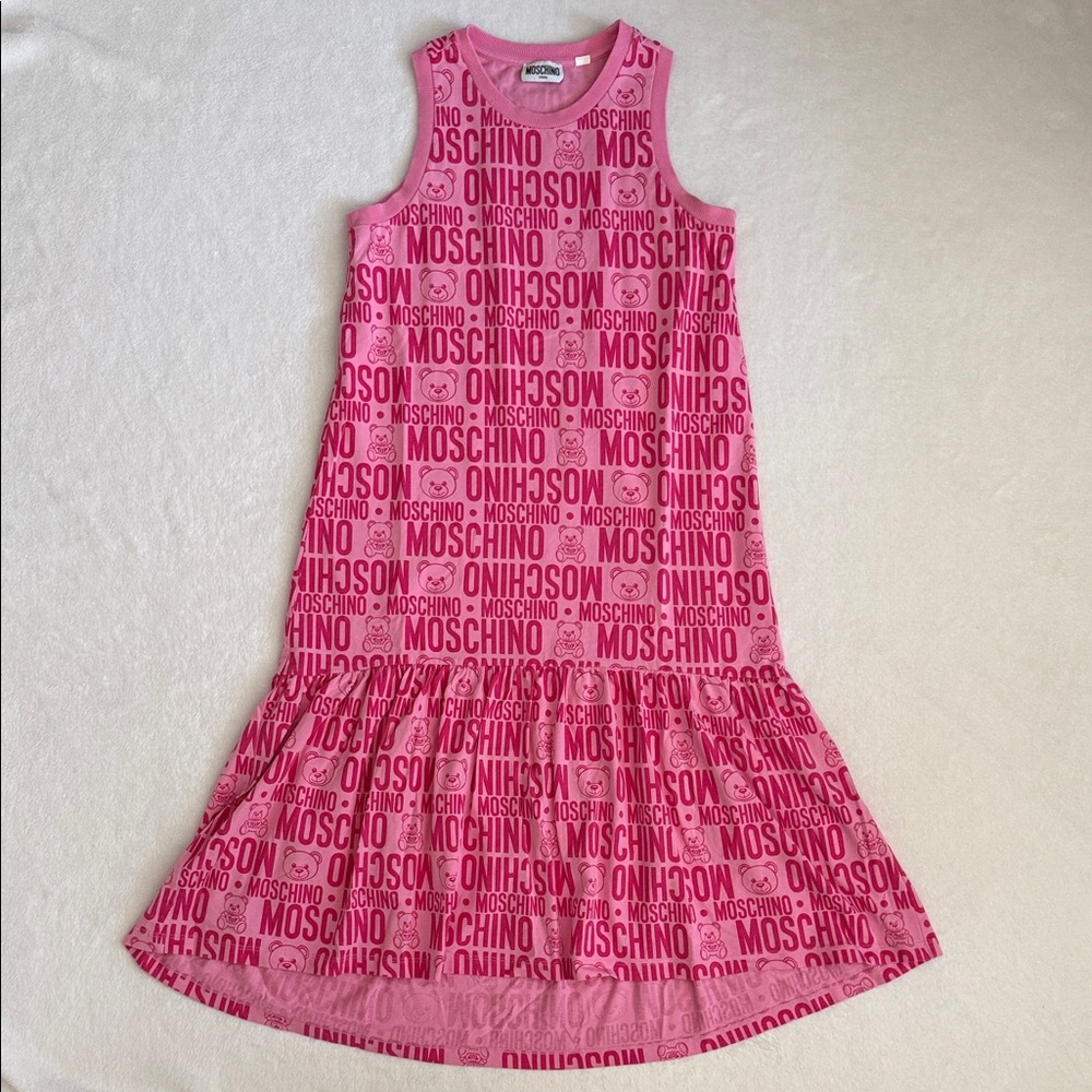 Moschino Teen | Allover Logo Teddy Bear Print Dropped Waist Cotton Dress Pink 14